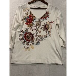Chico's Top Women's Floral V-neck Pullover 3/4 Sleeve Flowers Size 1 Med White